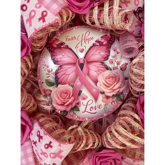 Pink Butterfly Breast Cancer Awareness Wreath Faith Hope Love Pink Ribbon Wreath - Picture 2 of 10